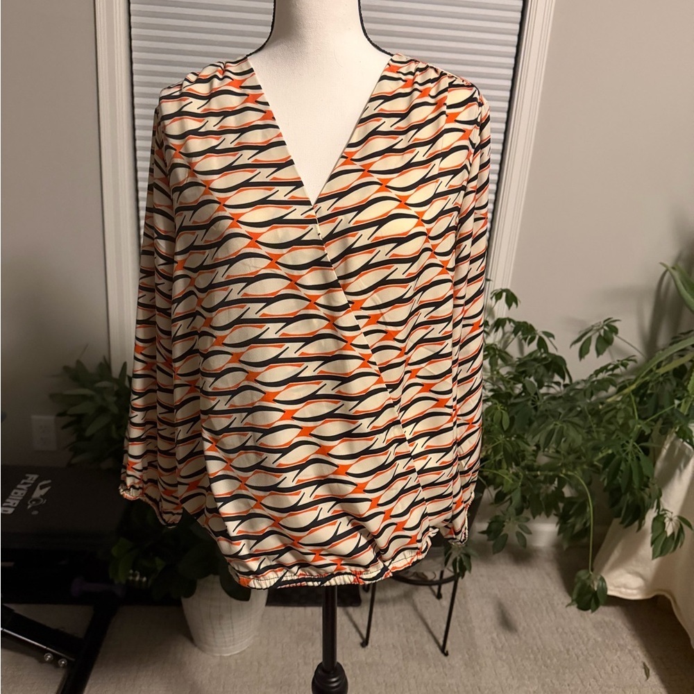 Liverpool Women's Wrap Blouse - Orange and Black Pattern sz Large L Lg - Picture 3 of 7